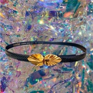 VTG Dame Blue Genuine Snakeskin Leather Gold Bow Buckle Belt Size M/L